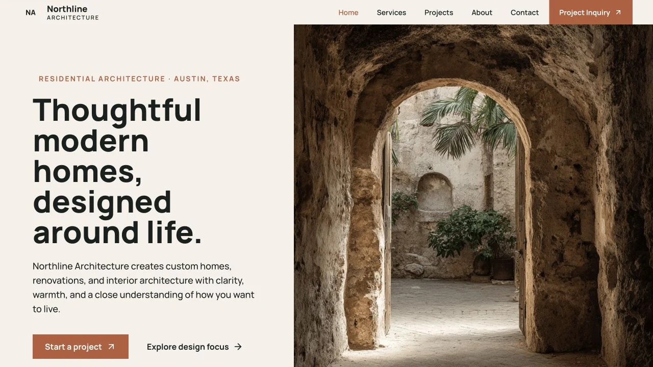 Generated Northline Architecture website with a warm editorial layout